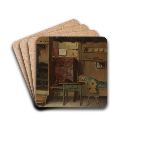 Schwarzwlder Bauernstube mit Bett und Sitzbank am Kachelofen by Johann Baptist Kirner Drink Coasters - set of 4