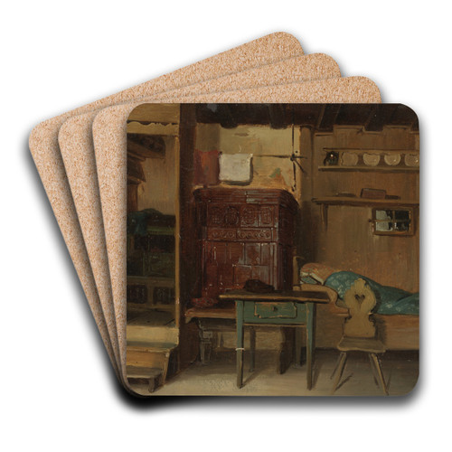 Schwarzwlder Bauernstube mit Bett und Sitzbank am Kachelofen by Johann Baptist Kirner Art Drink Coaster set