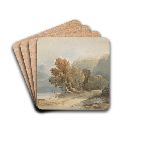 Landscape, lake and figure by John Varley Drink Coasters - set of 4