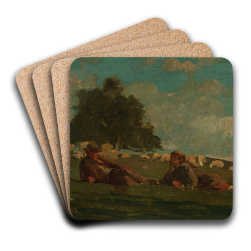 Boy and Girl in a Field with Sheep by Winslow Homer Art Drink Coaster set