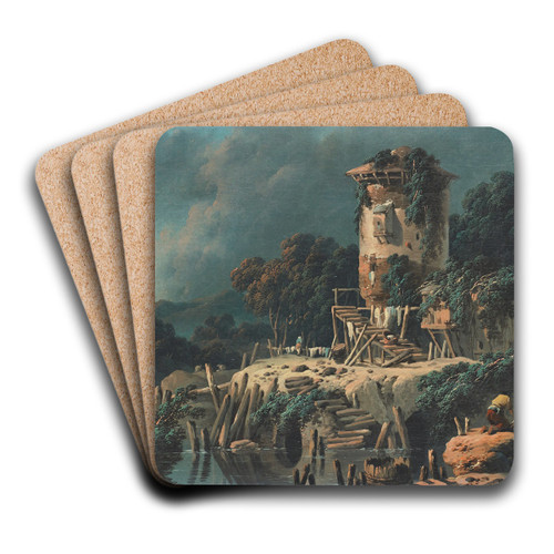 La Vielle Tour (Pastoral Landscape) by Jean-Baptiste Pillement Art Drink Coaster set