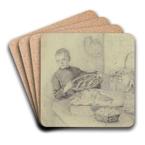 At the fishmonger by Otto Scholderer Art Drink Coaster set At the fishmonger by Otto Scholderer Art Drink Coaster set