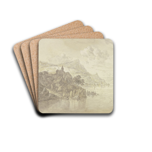 Blick in ein Flusstal mit felsigen Ufern, links auf einem Felsen eine Kirche by Franz Schtz Drink Coasters - set of 4