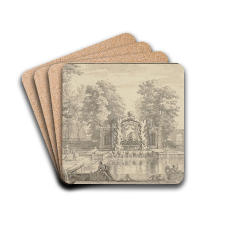 Wasserkunst in einem Park, in der Mitte ein knstliches Felsentor mit einem Neptun, rechts auf dem Teich eine Gondel by Isaac de Moucheron Drink Coasters - set of 4