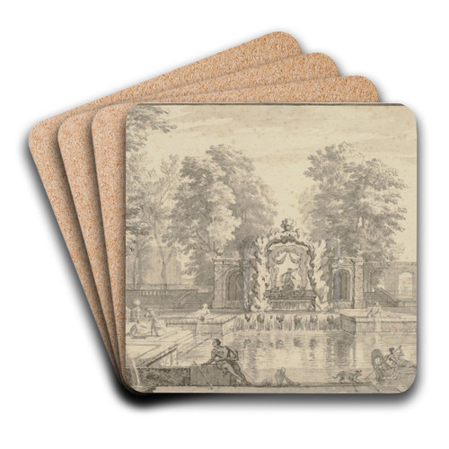 Wasserkunst in einem Park, in der Mitte ein knstliches Felsentor mit einem Neptun, rechts auf dem Teich eine Gondel by Isaac de Moucheron Art Drink Coaster set