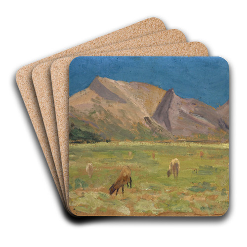 Grazing Sheep in front of Bare Hills by Ernst Schiess Art Drink Coaster set Grazing Sheep in front of Bare Hills by Ernst Schiess Art Drink Coaster set