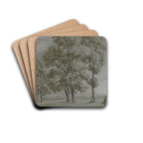 Gruppe von fnf hohen Bumen mit Durchblick auf eine weite Landschaft, rechts vorne eine sitzende und eine stehende Frau und ein Kind by Marquard Wocher Drink Coasters - set of 4