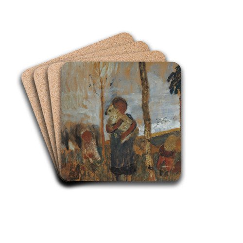 Children and chickens in front of a landscape by Paula Modersohn-Becker Drink Coasters - set of 4