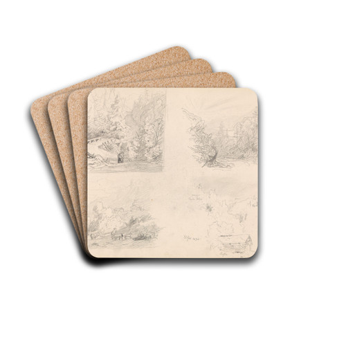 Bro i skogslandskap; utsikt over dal; fra Elstad; badstue, Elstad by Hans Gude Drink Coasters - set of 4