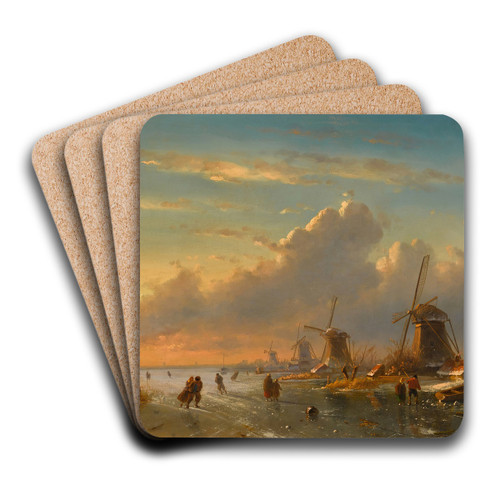 Ice Skaters at Sunset by Charles Leickert Art Drink Coaster set
