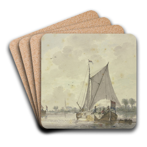 Zwei Schiffe auf einem sehr breiten Strom segelnd, am Ufer zwischen Bumen eine Kirche by Nicolaas Wicart Art Drink Coaster set