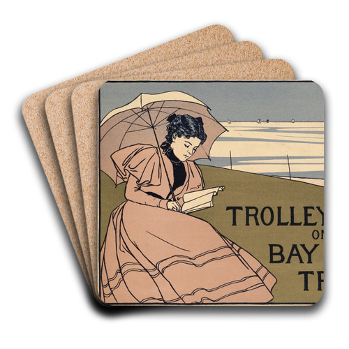 Trolley trips on a Bay State Triangle by Charles Herbert Woodbury Art Drink Coaster set