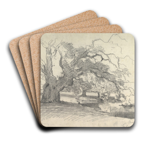 Landscape with Trees near a Pond by Willem Roelofs Art Drink Coaster set Landscape with Trees near a Pond by Willem Roelofs Art Drink Coaster set