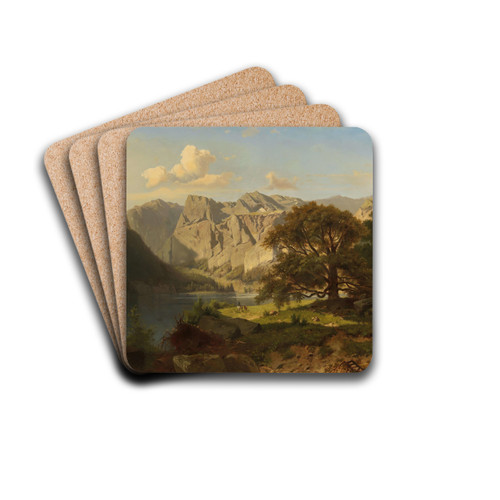 A Mountain Lake With Shepherds by Adolf Chwala Drink Coasters - set of 4