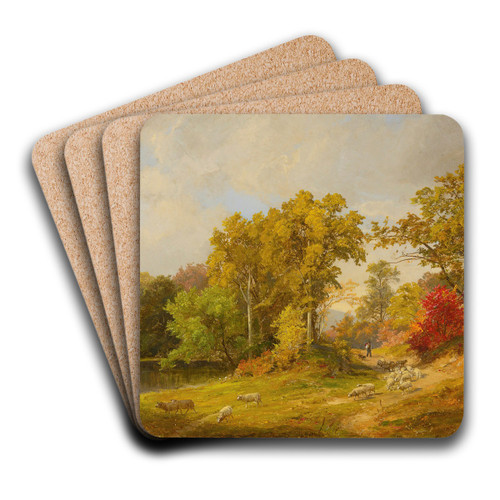 Autumn Landscape With Shepherd, Dog And Sheep by Jasper Francis Cropsey Art Drink Coaster set