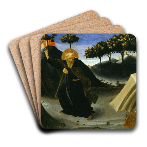 Saint Anthony Abbot Shunning the Mass of Gold by Fra Angelico Art Drink Coaster set