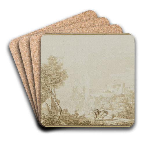Italienische Landschaft mit einem Eseltreiber und einer Frau mit Spinnrocken by R. F. Taunay Art Drink Coaster set