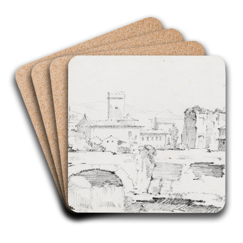 An Italian Town with a Stone Bridge and a Waterfall by Joseph-Marie Vien Art Drink Coaster set