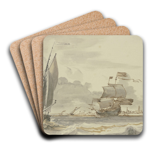 Bewegte See, nach rechts segelndes Schiff, links eine Barke mit vier Mann, im Hintergrund eine Stadt by Ludolf Bakhuysen Art Drink Coaster set Bewegte See, nach rechts segelndes Schiff, links eine Barke mit vier Mann, im Hintergrund eine Stadt by Ludolf Bakhuysen Art Drink Coaster set