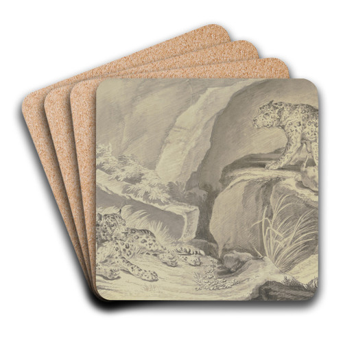 Zwei Jaguare mit ihren Jungen in einer Felsenkluft by Johann Elias Ridinger Art Drink Coaster set Zwei Jaguare mit ihren Jungen in einer Felsenkluft by Johann Elias Ridinger Art Drink Coaster set