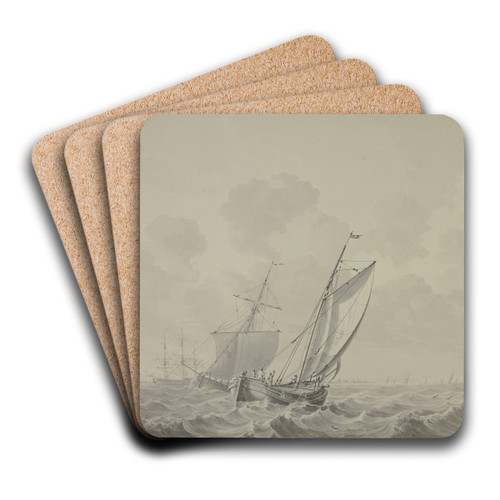 Bewegte See mit vielen Schiffen, vorne eine Barke mit vier Mann nach rechts segelnd by Cornelis de Grient Art Drink Coaster set