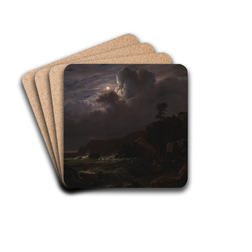 View of Kullen in Sweden. Smugglers Hiding their Goods among the Rocks. Moonlight by Louis Gurlitt Drink Coasters - set of 4