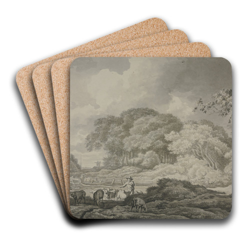 Baumpartie, vorne eine Schafherde, hinten an einem Zaun ein Wagen mit zwei Pferden by Geerlig Grijpmoed Art Drink Coaster set