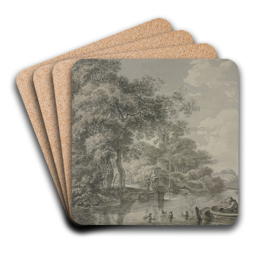 Baumpartie mit Fischerhtten an einem Fluss, rechts im Vordergrund ein Kahn mit zwei Mnnern, die Reuen legen, dabei vier schwimmende Enten by Geerlig Grijpmoed Art Drink Coaster set