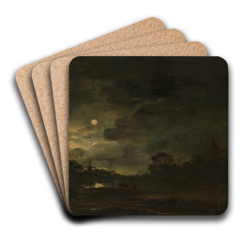 Landscape by Moonlight by Aert van der Neer Art Drink Coaster set Landscape by Moonlight by Aert van der Neer Art Drink Coaster set