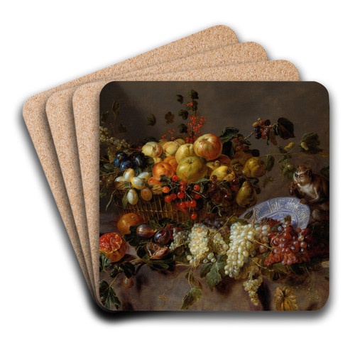 Still Life with Fruit and a Monkey eating Grapes by Adriaen van Utrecht Art Drink Coaster set