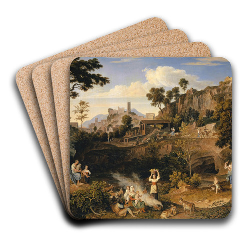 Landscape near Olevano with a Parade of Dancing Peasants by Joseph Anton Koch Art Drink Coaster set Landscape near Olevano with a Parade of Dancing Peasants by Joseph Anton Koch Art Drink Coaster set