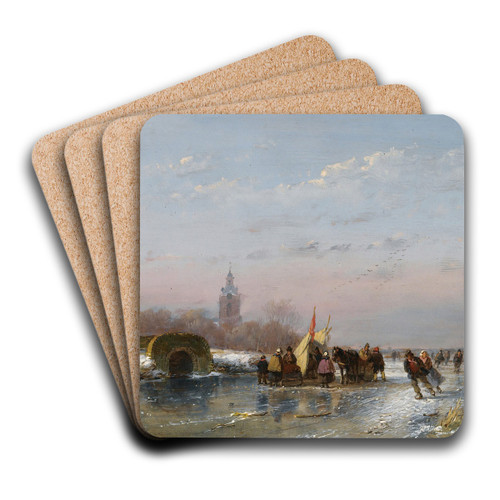 A Frozen Waterway With Skaters By A Refreshment Stall by Andreas Schelfhout Art Drink Coaster set A Frozen Waterway With Skaters By A Refreshment Stall by Andreas Schelfhout Art Drink Coaster set
