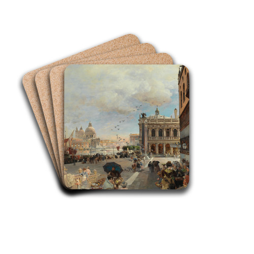 Venice, A View Of The Piazzetta, With The Biblioteca Marciana, Santa Maria Della Salute And The Dogana by Oswald Achenbach Drink Coasters - set of 4
