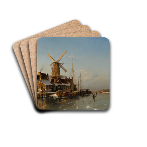 A Winter Landscape With A Mill On A Frozen River by Johannes Bertholomus Duntze Drink Coasters - set of 4