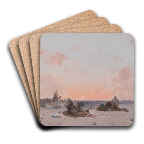 Sunset in the desert over a Bedouin camp by Henri Duvieux Art Drink Coaster set