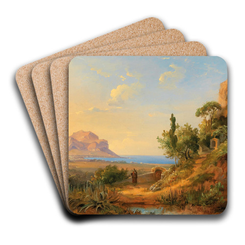 A view of the Bay of Palermo with Monte Pellegrino, Sicily by Carl Morgenstern Art Drink Coaster set A view of the Bay of Palermo with Monte Pellegrino, Sicily by Carl Morgenstern Art Drink Coaster set