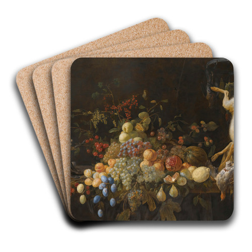 A Still Life With Grapes, Figs, Apples, Oranges, Apricots, Lemons, A Melon, Loganberries, An Open Pomegranate And Cherries by Adriaen van Utrecht Art Drink Coaster set A Still Life With Grapes, Figs, Apples, Oranges, Apricots, Lemons, A Melon, Loganberries, An Open Pomegranate And Cherries by Adriaen van Utrecht Art Drink Coaster set