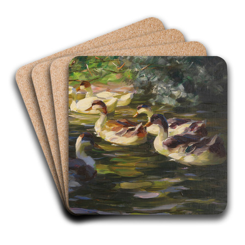 Sechs Enten auf dem Wasser unter Uferstruchern by Alexander Koester Art Drink Coaster set