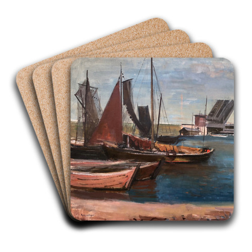 Hollndischer Hafen mit Zugbrcke und Fischkuttern by Otto Geigenberger Art Drink Coaster set