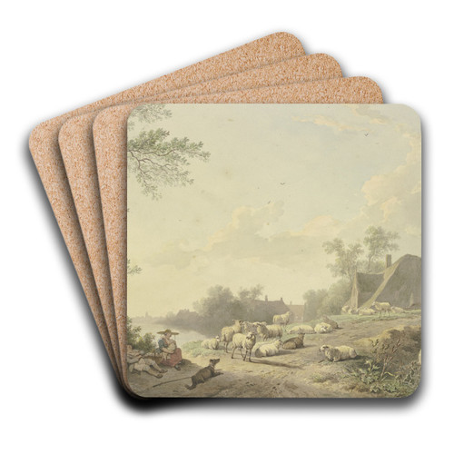 An einem Weg bei Bauernhusern eine Schafherde by Abraham Teerlink Art Drink Coaster set