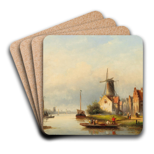 Fishermen On The Canal by Jan Jacob Coenraad Spohler Art Drink Coaster set Fishermen On The Canal by Jan Jacob Coenraad Spohler Art Drink Coaster set