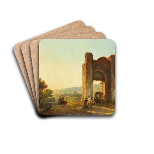 A romantic landscape with Mauritanian ruins and figures by Franois Antoine Bossuet Drink Coasters - set of 4