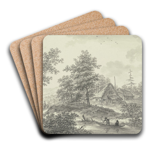 Eichenwald mit zwei Strohhtten, im Vordergrund ein Bach mit zwei Bauern in einem Boot by Karl Franz Kraul Art Drink Coaster set