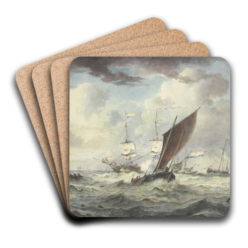 Stark bewegte See mit vielen Schiffen, ein groes Schiff ldt eine Kanone, davor ein Boot von vorne gesehen, links eine Stadt by Leendert de Koningh Art Drink Coaster set Stark bewegte See mit vielen Schiffen, ein groes Schiff ldt eine Kanone, davor ein Boot von vorne gesehen, links eine Stadt by Leendert de Koningh Art Drink Coaster set
