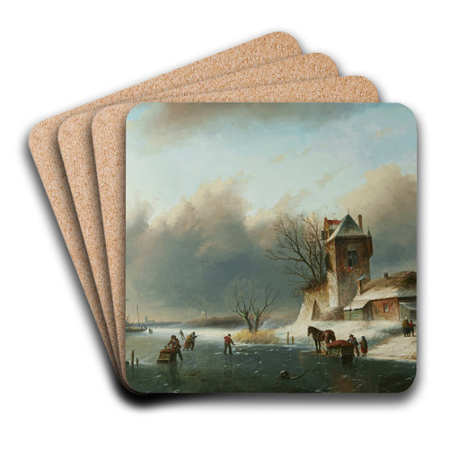 Ice skaters on a canal by Jan Jacob Coenraad Spohler Art Drink Coaster set Ice skaters on a canal by Jan Jacob Coenraad Spohler Art Drink Coaster set