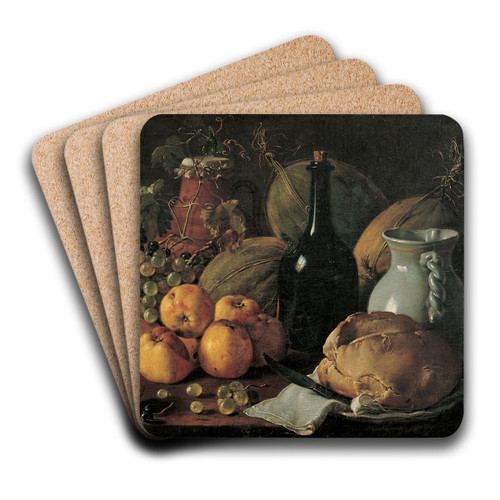 Still Life with Apples, Grapes, Melons, Bread, Jug and Bottle by Luis Melndez Art Drink Coaster set Still Life with Apples, Grapes, Melons, Bread, Jug and Bottle by Luis Melndez Art Drink Coaster set