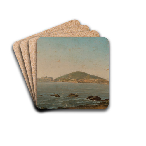 A View Of Naples From The Portici, The Castel Dell'ovo On The Left by Simon Denis Drink Coasters - set of 4