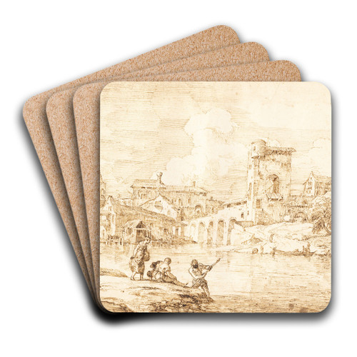 A Fortified Village along a River by Marco Ricci Art Drink Coaster set A Fortified Village along a River by Marco Ricci Art Drink Coaster set