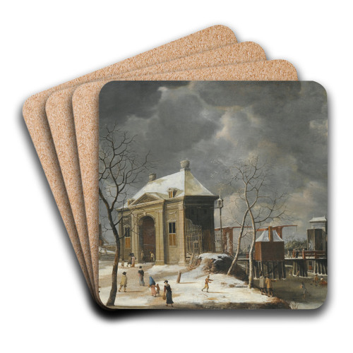 Amsterdam, A View Of The Heiligewegspoort From The North-West, With Skaters On A Frozen Canal by Jan Abrahamsz Beerstraaten Art Drink Coaster set Amsterdam, A View Of The Heiligewegspoort From The North-West, With Skaters On A Frozen Canal by Jan Abrahamsz Beerstraaten Art Drink Coaster set