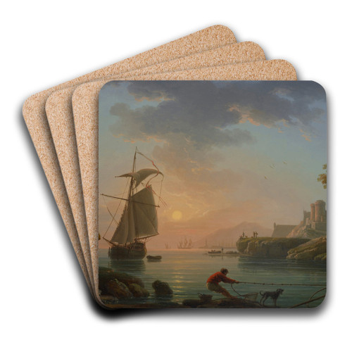 Mediterranean port at sunset, with a fisherman in the foreground by Claude-Joseph Vernet Art Drink Coaster set Mediterranean port at sunset, with a fisherman in the foreground by Claude-Joseph Vernet Art Drink Coaster set